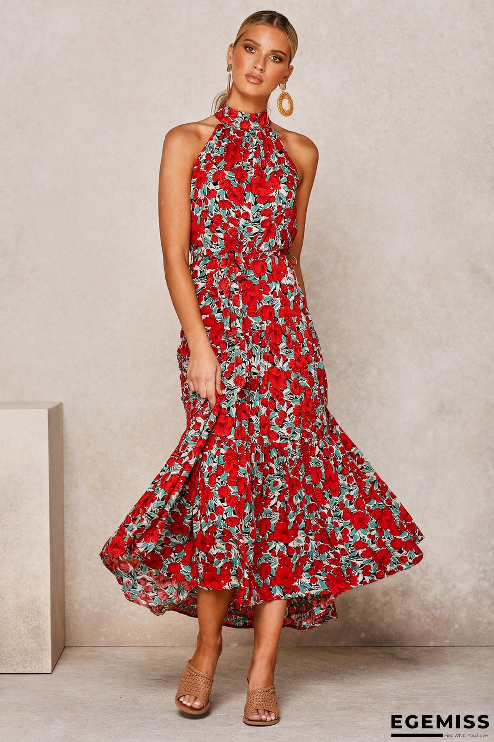 Neck Print Lace-up Dress | EGEMISS