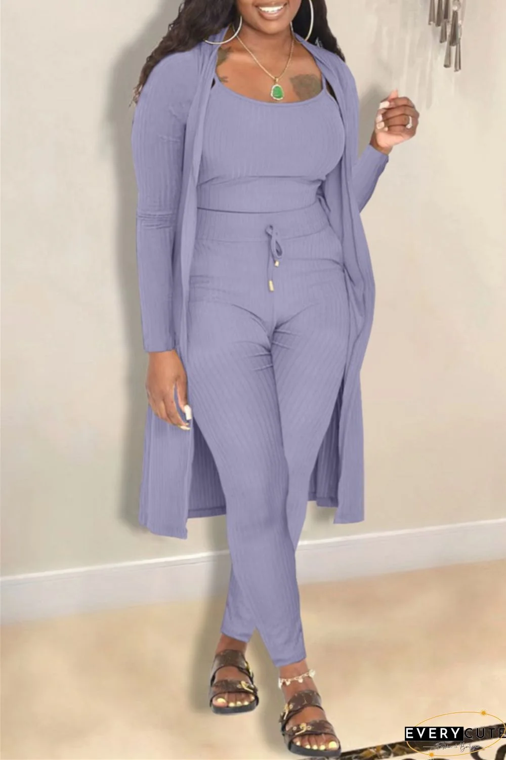 Casual Solid Cardigan Vests Pants Long Sleeve Three Piece Set