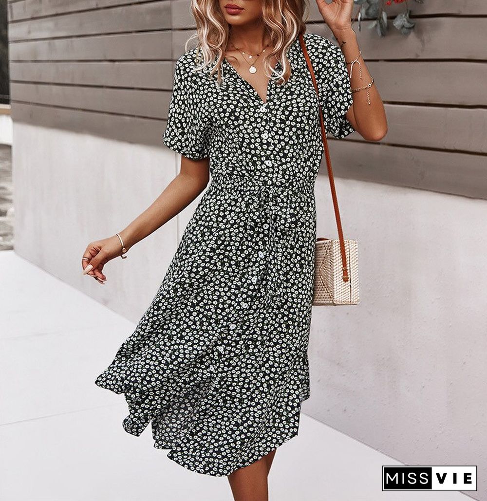 Summer Leisure Holiday Style Sexy Boho Dress For Women Print High Waist V Neck Dress Vestidos De Mujer Clothing Women