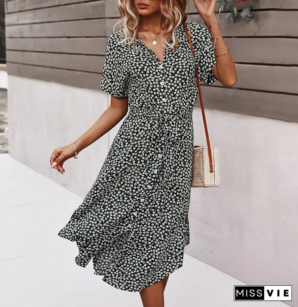 Summer Leisure Holiday Style Sexy Boho Dress For Women Print High Waist V Neck Dress Vestidos De Mujer Clothing Women