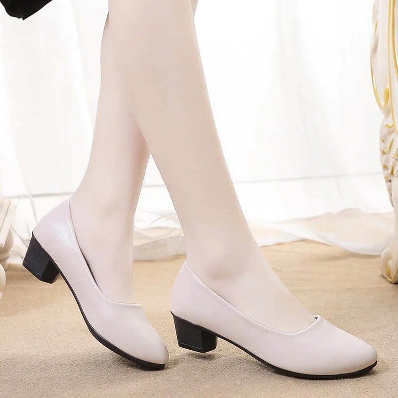 Qengg Round Head Long Standing Work Shoes Women Black Thick Heel Single Shoes Comfortable Mid-heel Not Tired Feet Women's Shoes