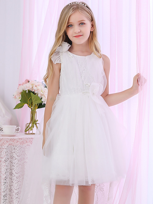 Princess Sleeveless Jewel Neck Ball Gown Flower Girl Dresses Lace Satin Tulle With Lace  Cascading Ruffles Bellasprom