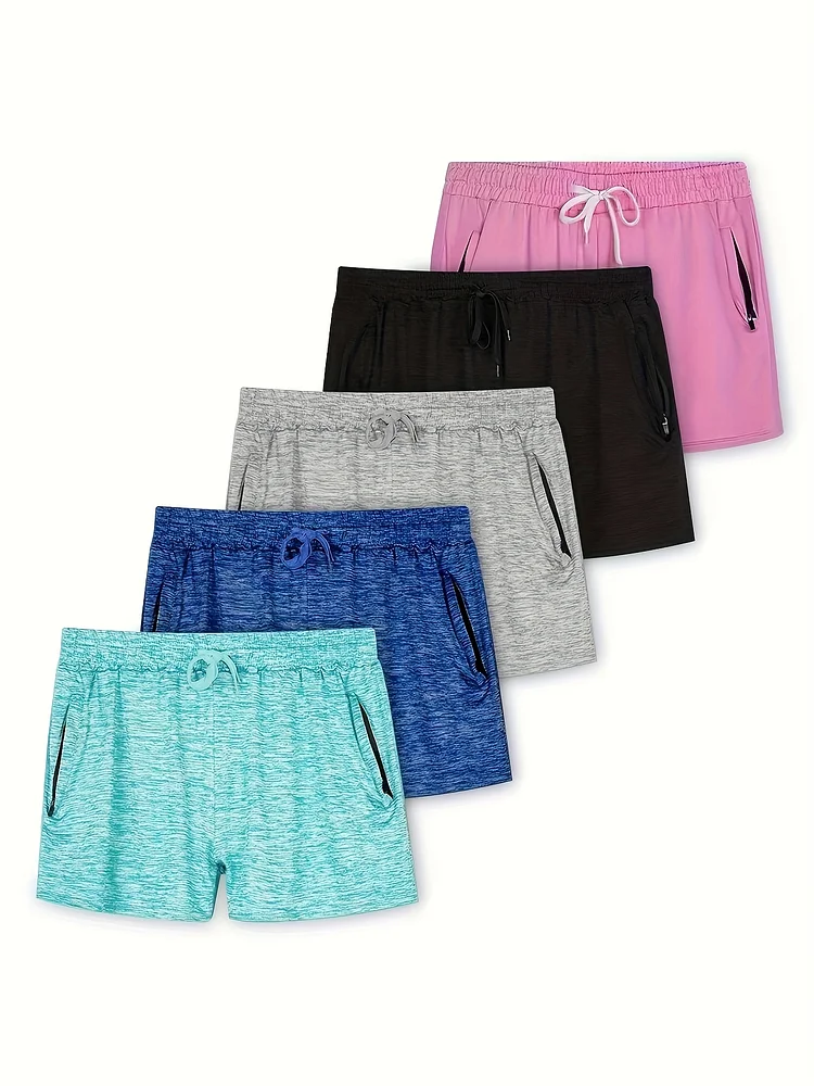 5-Pack Women's Zipper Fitness Shorts - Breathable Quick-Dry Sports Shorts With Elastic Waist, Lightweight Polyester For Outdoor, Running, Tennis & More