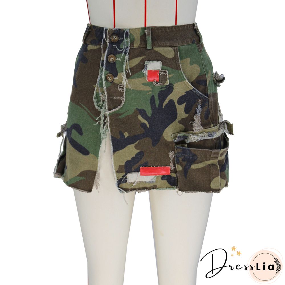 Y2K Street Camouflage Patch High Waist Denim Skirts