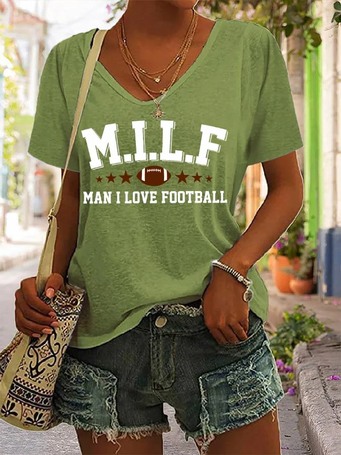 Women's Funny MILF Man I Love Football, Gameday Football Lover Casual V-Neck Tee