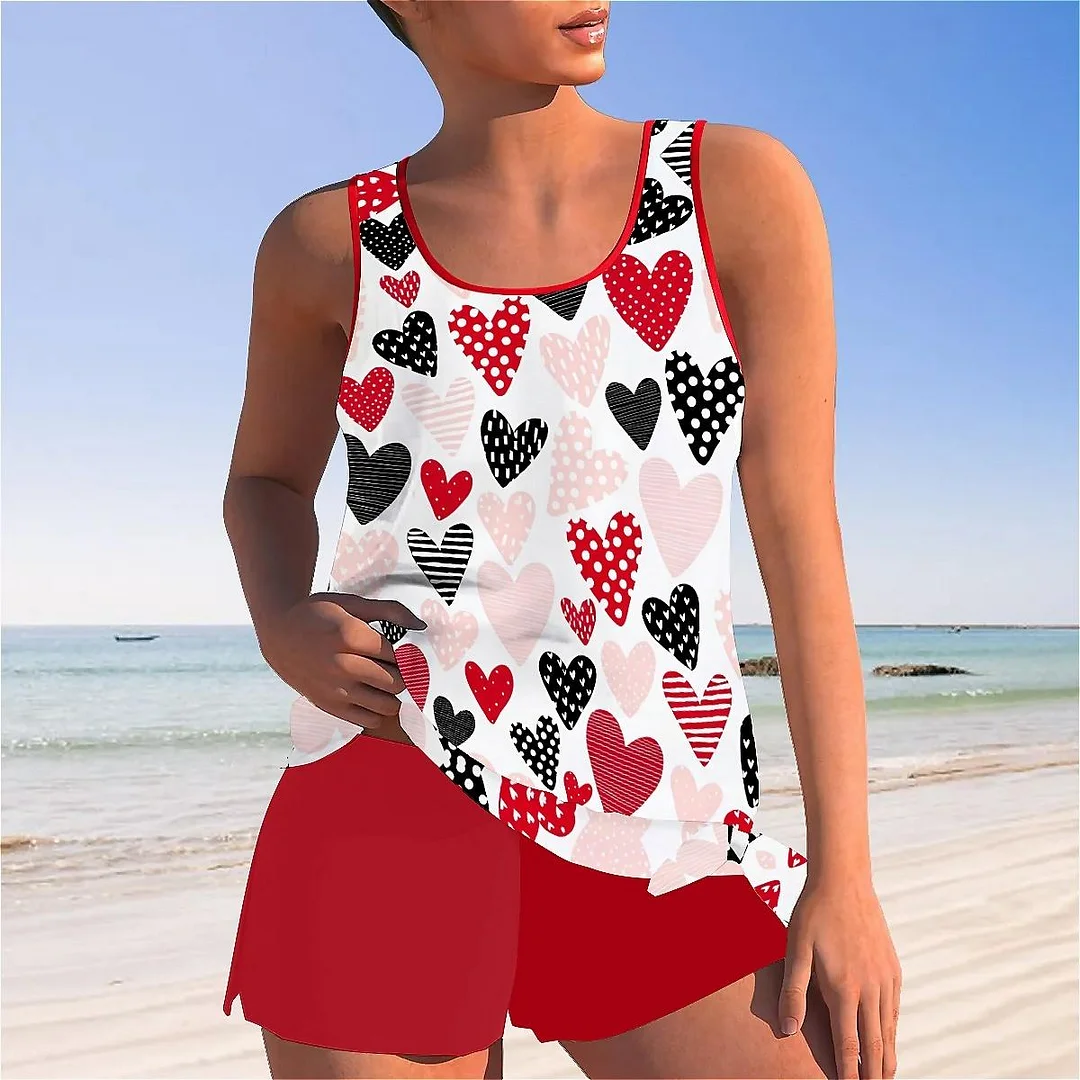 Bowknot Heart,Love,Valentine's Day Mid Waisted Tankini Set - Plus Size Available