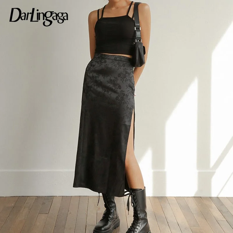 Darlingaga Chinese Style Fashion Jacquard Summer Skirt Black Vintage High Waist Long Skirt Chic Side Split Sexy Women Skirts New