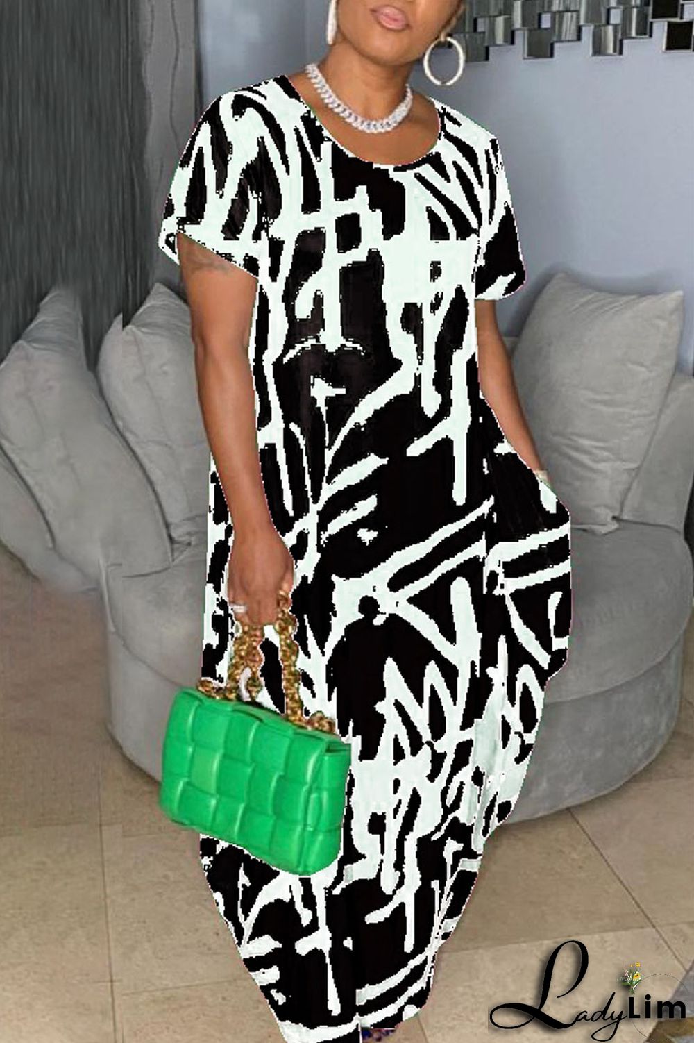 Black Fashion Casual Print Patchwork O Neck Long Dress Plus Size Dresses