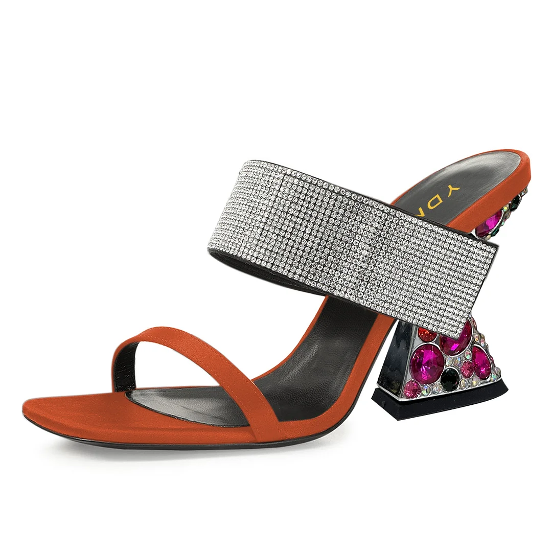 Satin Rhinestone Embellished Band Orange Mules with Sculptural Heels