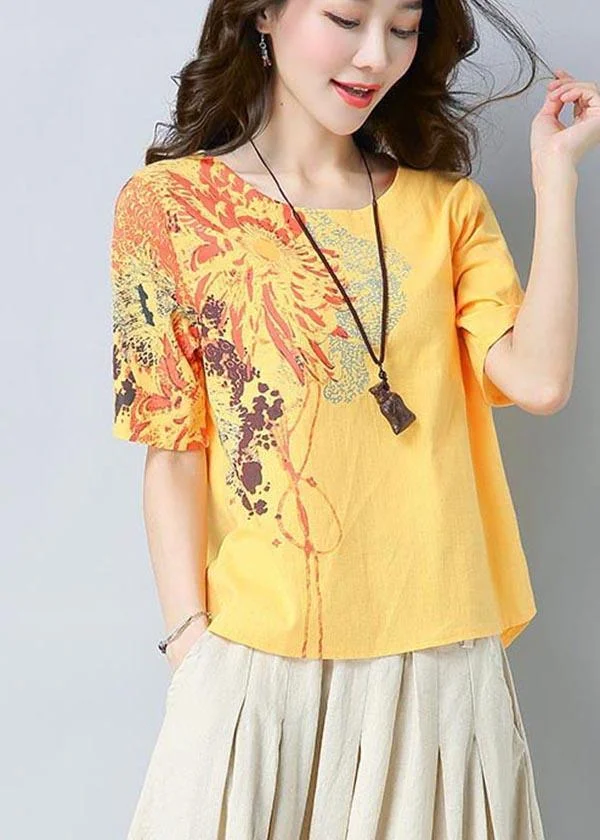 Unique Yellow Print Cotton Linen O-Neck Summer Top