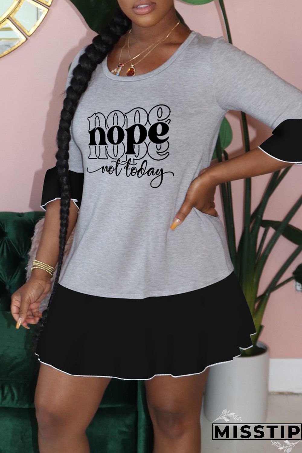 Black Gray Fashion Casual Letter Print Patchwork O Neck Dresses