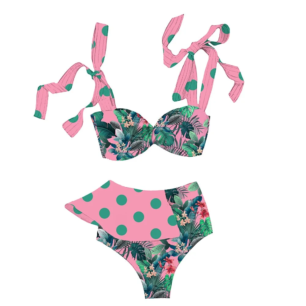 2021 New Sexy Bikini Set High Waist Print Dots Floral Swimsuit Strappy Swimwear Women Bathing Suit Summer Beach Wear biquini