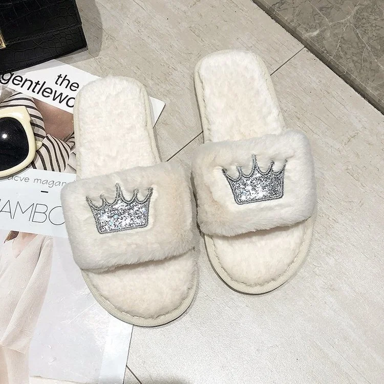 Wongn Wongn Winter New Korean Version Of The Crown Sequins One-Word Plush Warm Wool Slippers Flat Cotton Drag Female