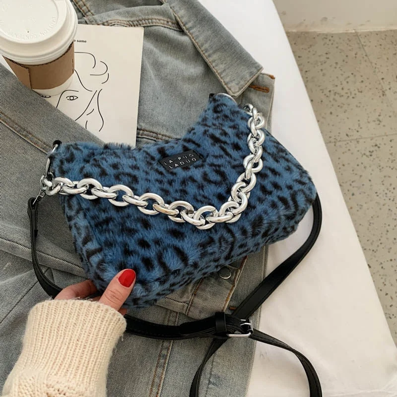 էѧӧܧ Small Leopard Soft Faux Fur Totes Bags With for Women 2021 Winter Simple Solid Color Fashion Luxury Handbags Purses