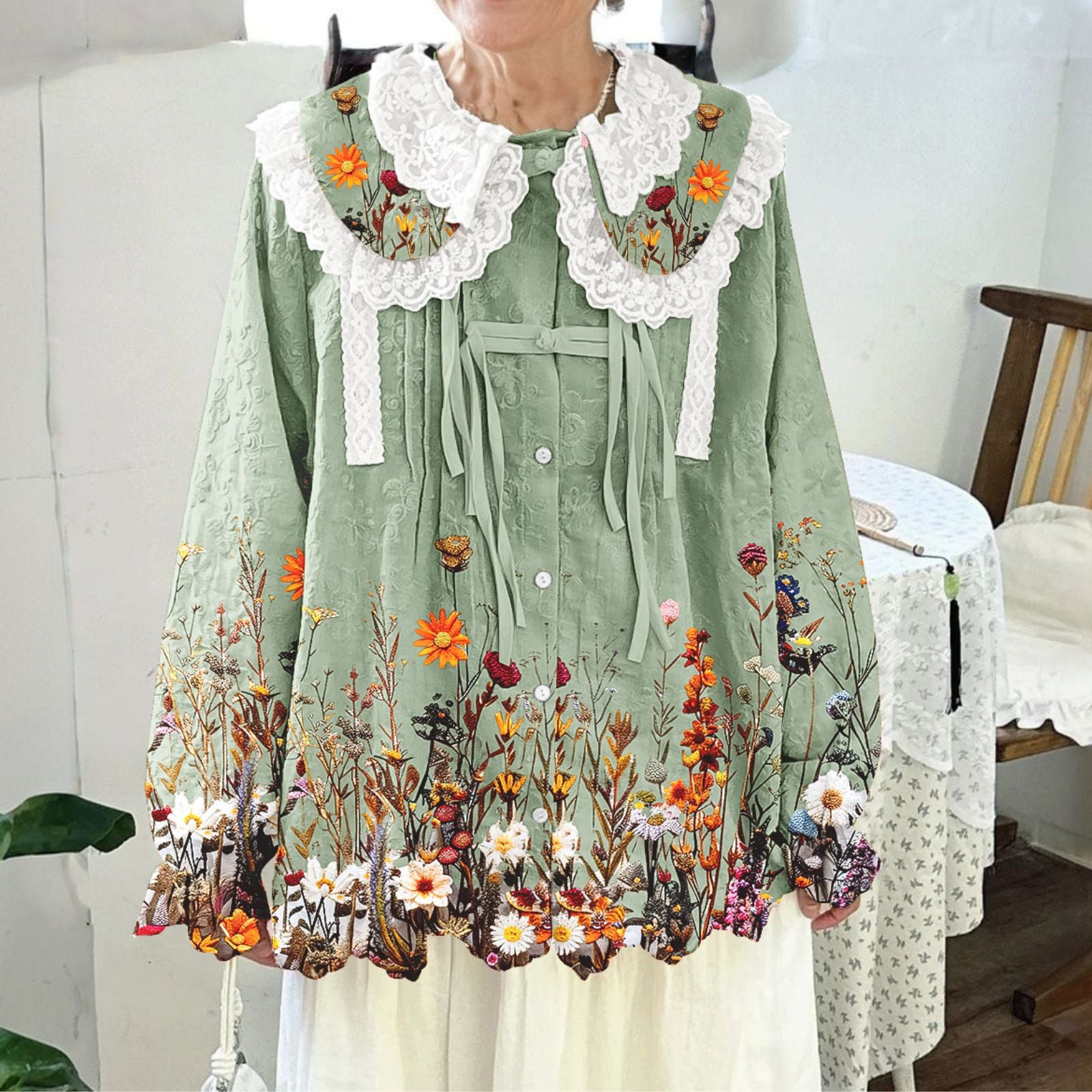 Women Printed Long Sleeve Round-neck  Cute Collar Shirts Blouses Green