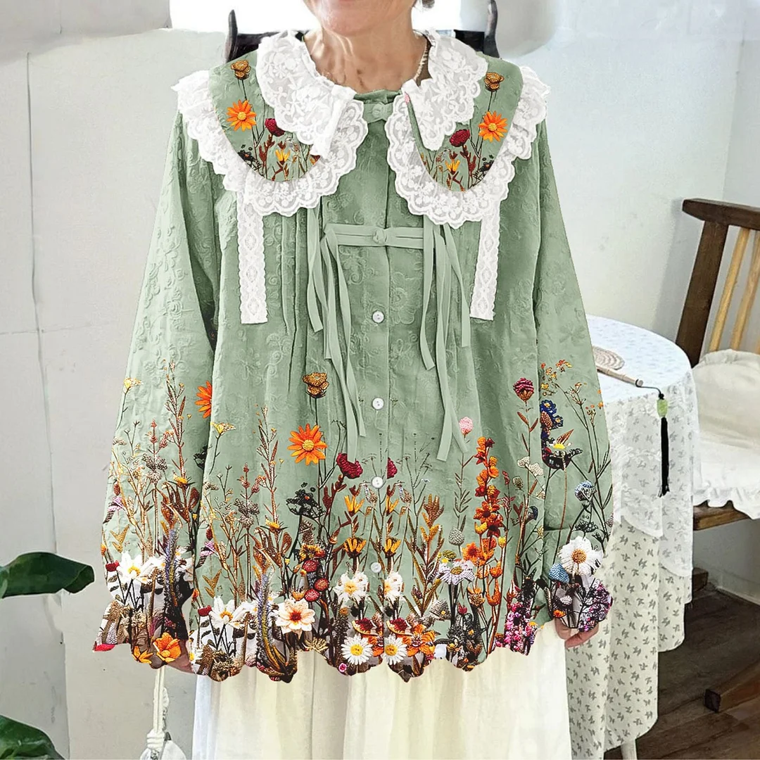 Women Printed Long Sleeve Round-neck  Cute Collar Shirts Blouses Green