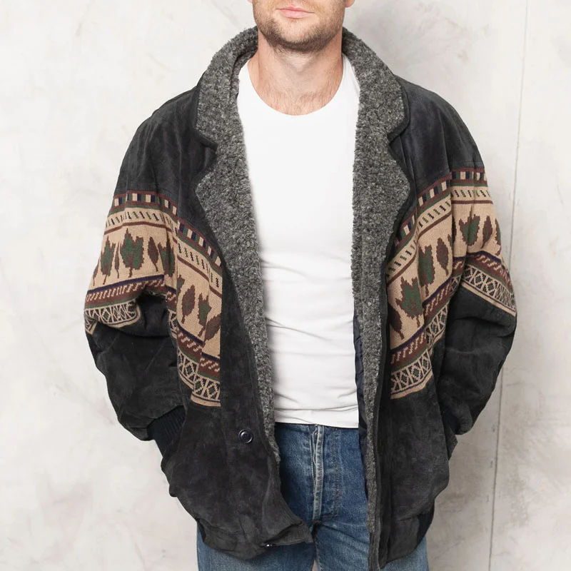 Mens Retro Suede Patchwork Polar Fleece Jacket