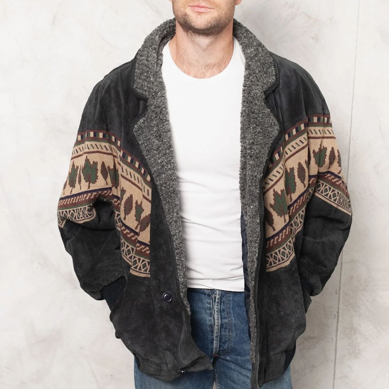 Mens Retro Suede Patchwork Polar Fleece Jacket、、URBENIE