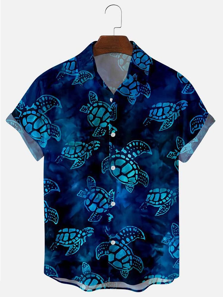 Mens Sea turtle Print Lapel Casual Loose Short Sleeve Shirt
