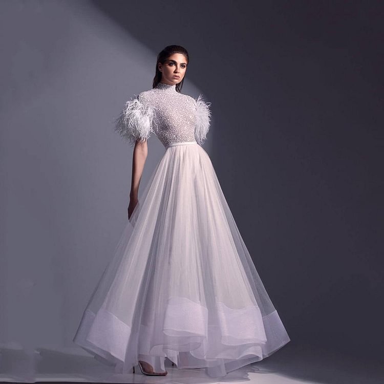 Promsstyle Promsstyle Feather shining sequins elegant maxi tulle dress