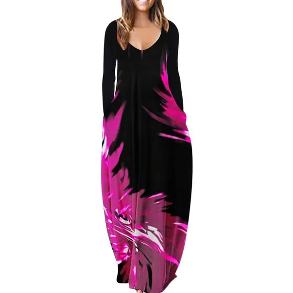 Womens Loose Pocket Boho Vintage Hole Dress Full Long Sleeper Spring Party Beach Maxi Big