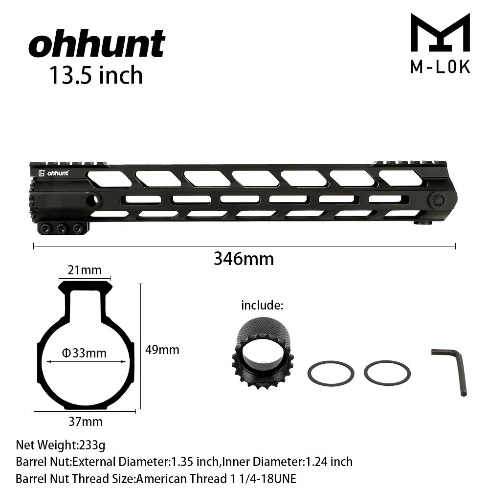 ohhunt Super Slim Lightweight Free Float M-LOK Handguard with Steel Barrel Nut
