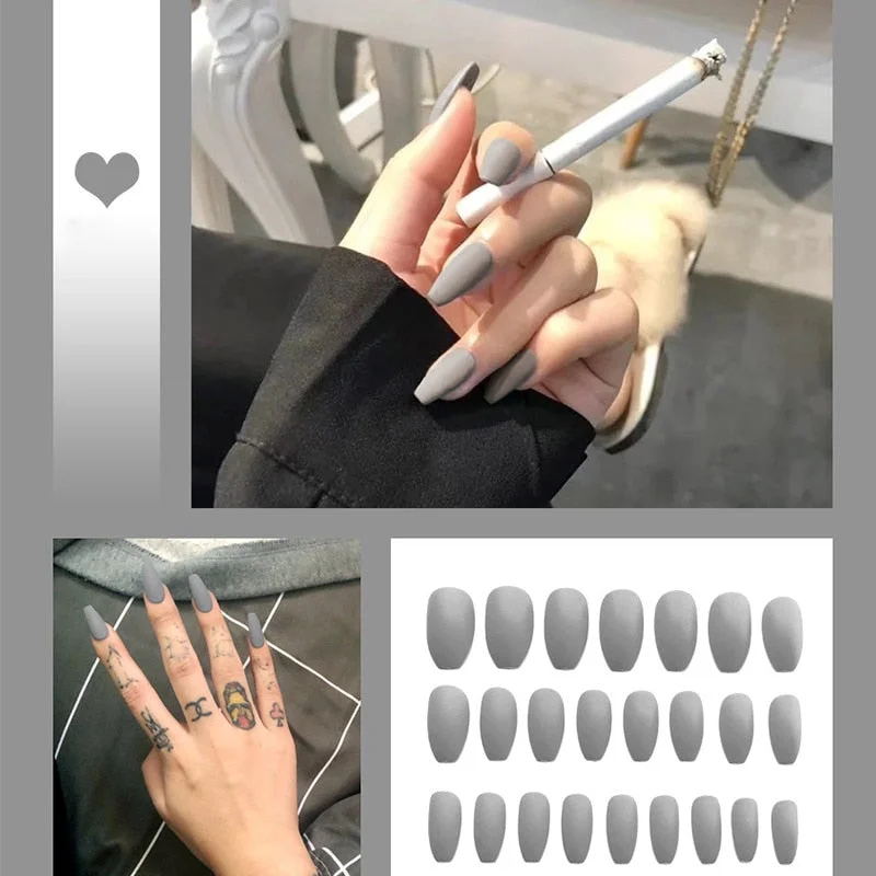 24pcs/box Full Cover fake Press on Nails Matte Yellow Pure Acrylic Frosted Ballerina acrylic for nails for Women free shipping-Nail Inspo