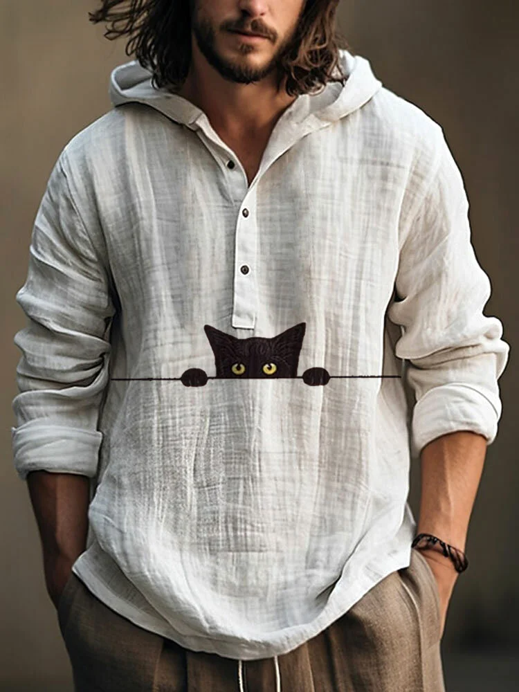 Japanese Art Black Cat Print Cotton Blend Hoodie