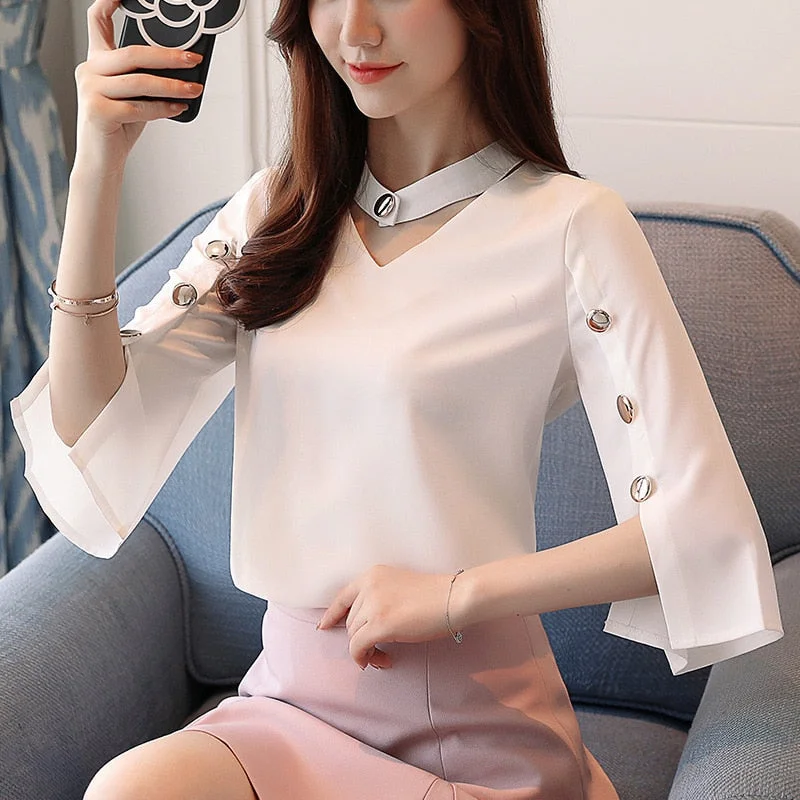 Women Blouse 2021 Ladies Tops Chiffon Blouse Beading Solid White Shirt Blouse Clothes Shirts Three Quarter V-Neck Chemise Femme