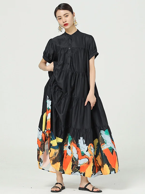Original Buttoned Split-Joint Stand Collar Loose Short Sleeves Midi Dress