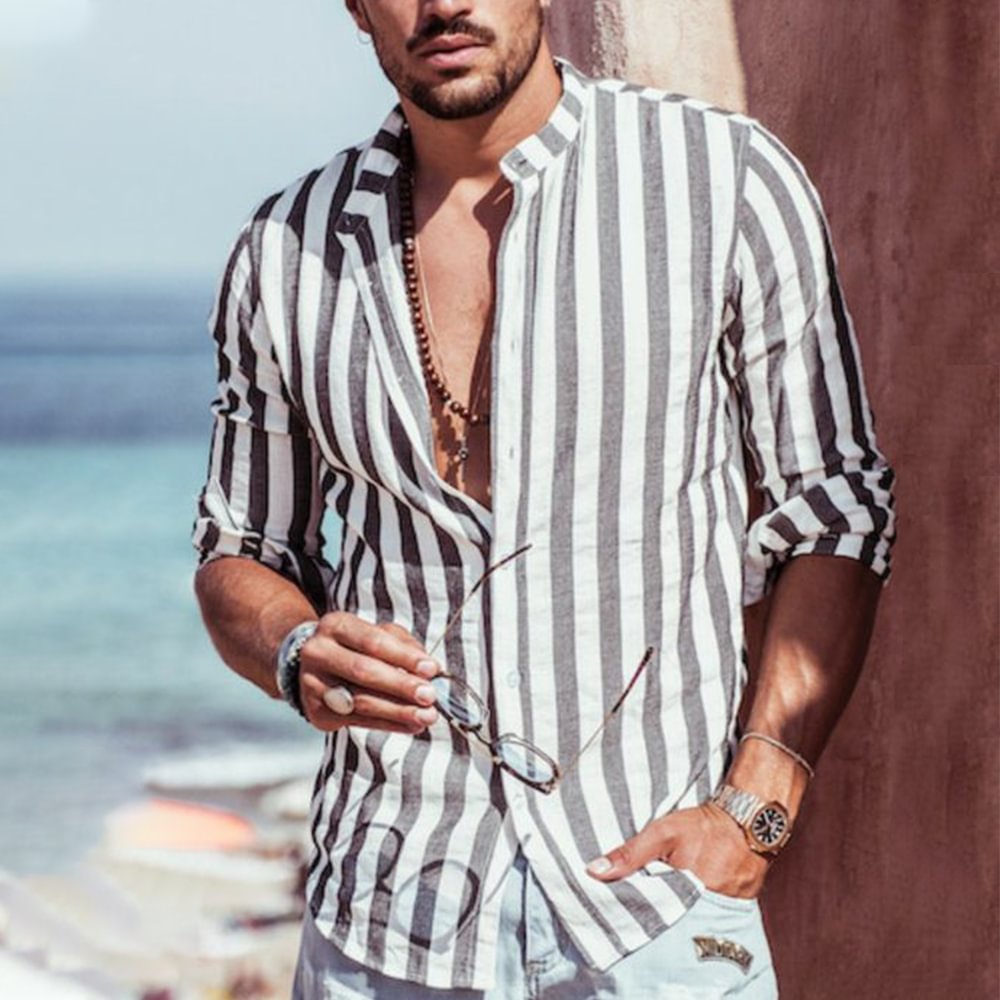 Men's black and white striped printed shirt Casual fashion retro long