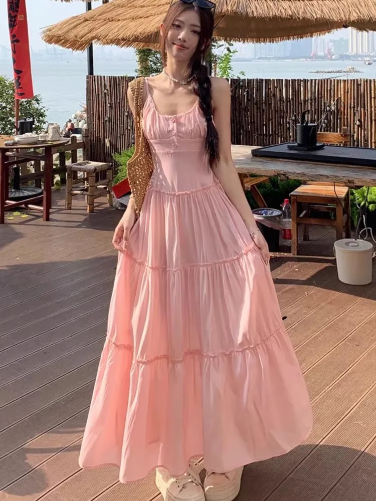 French Elegant Dresses for Women Solid Spaghetti Strap Summer New Ruffles A-line Casual Korean Chic Midi Vestidos Mujer
