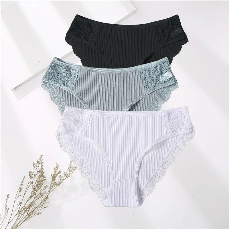 FINETOO 3PCS/Set M-XXL Cotton Underwear Women's Panties Comfort Underpants Floral Lace Briefs For Woman Sexy Low-Rise Intimates