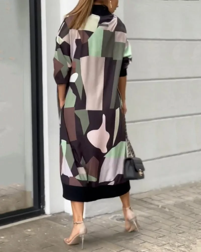 Color-block print casual dress with zipper