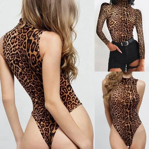 Fashion Women Leopard Turtleneck Sleeveless/Long sleeve Bodycon Jumpsuit Bodysuit