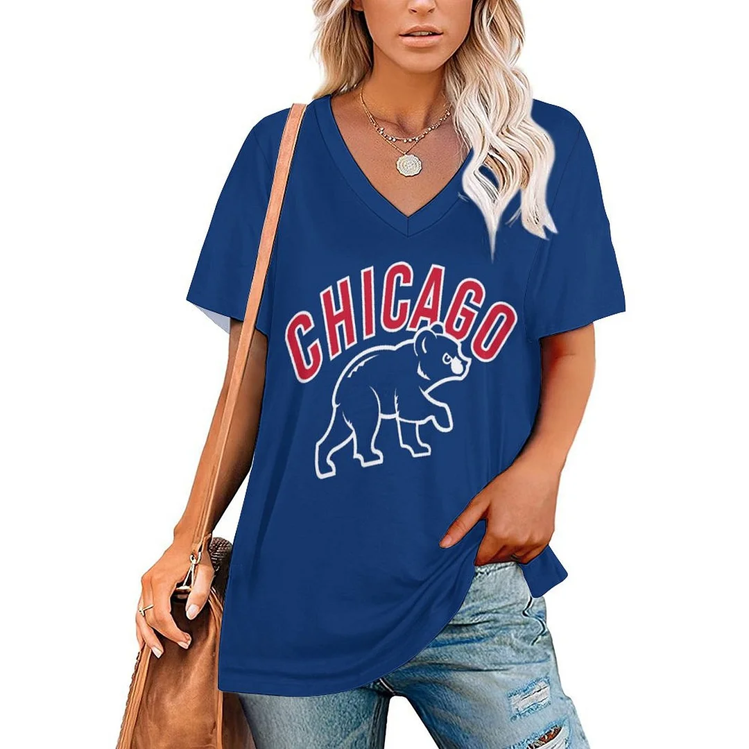 V-neck Short Sleeve Casual T-shirt for  Women Printed with Pattern,Blue,Red