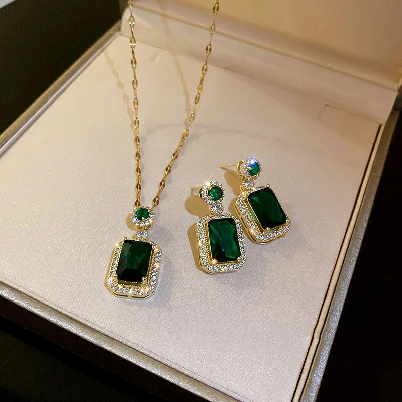 Zircon Emerald Crystal Geometric Earrings Necklace Set