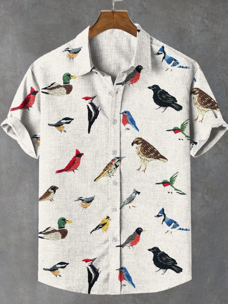 Comstylish Men's Lovely Birds Embroidery Art Print Linen Blend Shirt