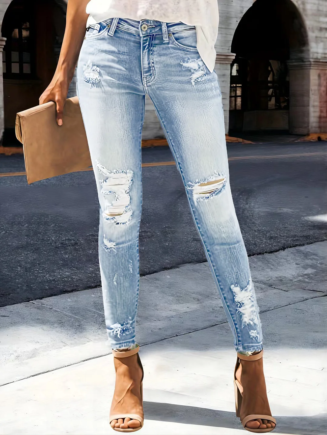 2025 Summer Trendy Women's High-Waisted Stretch Skinny Jeans - Retro Distressed Water-Washed Denim Pants With Built-In Zipper, Slim Fit Casual Comfort For Spring Summer Fall, Elastic Waist Jean | IFYHOME