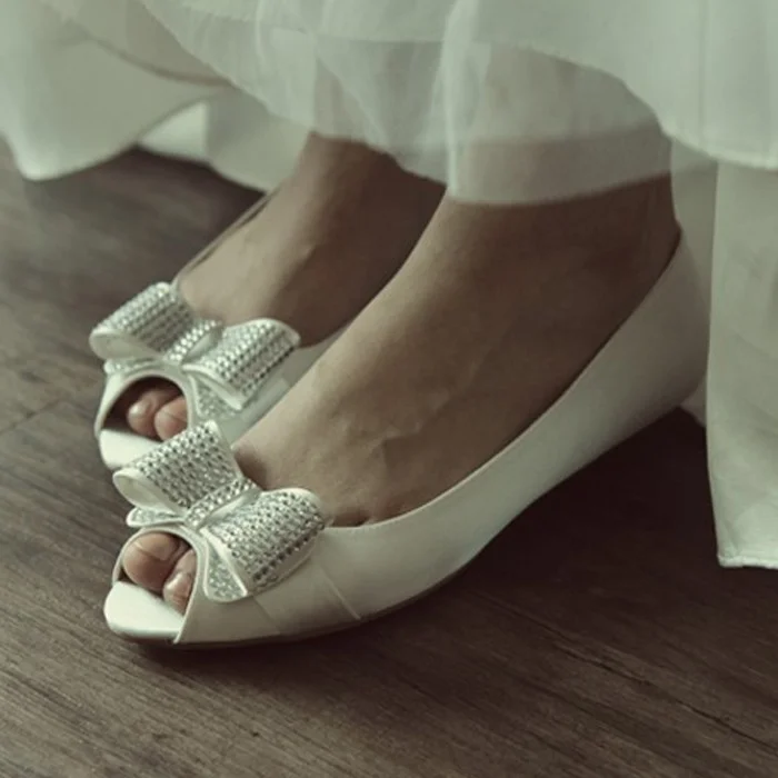 Women's White Peep Toe Bow Flats Bridal Shoes |FSJ Shoes