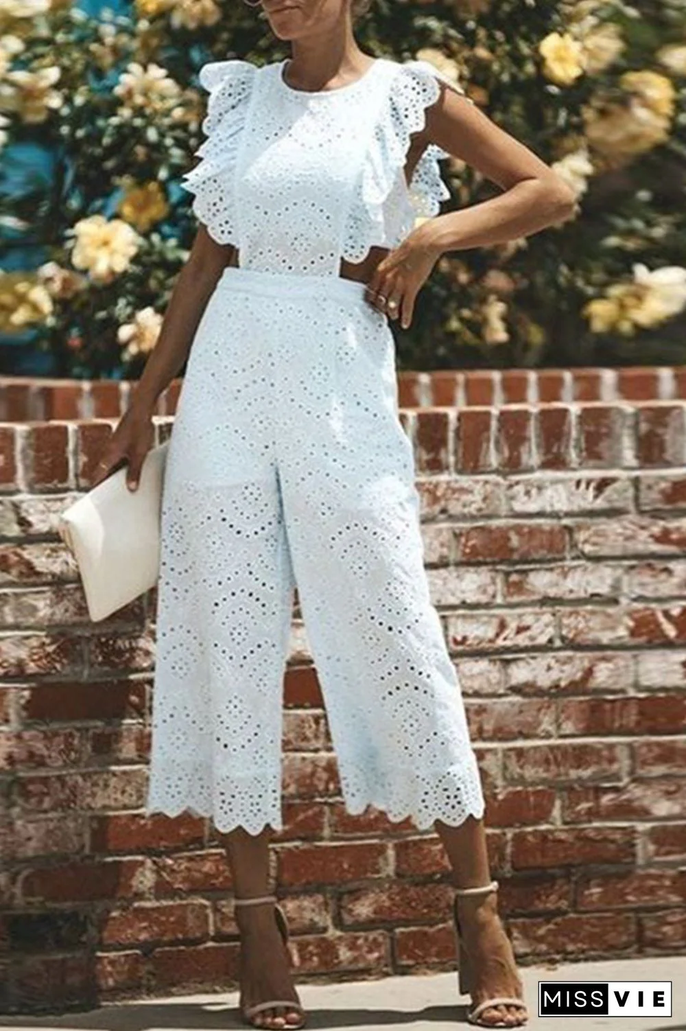 Casual Solid Lace O Neck Straight Jumpsuits