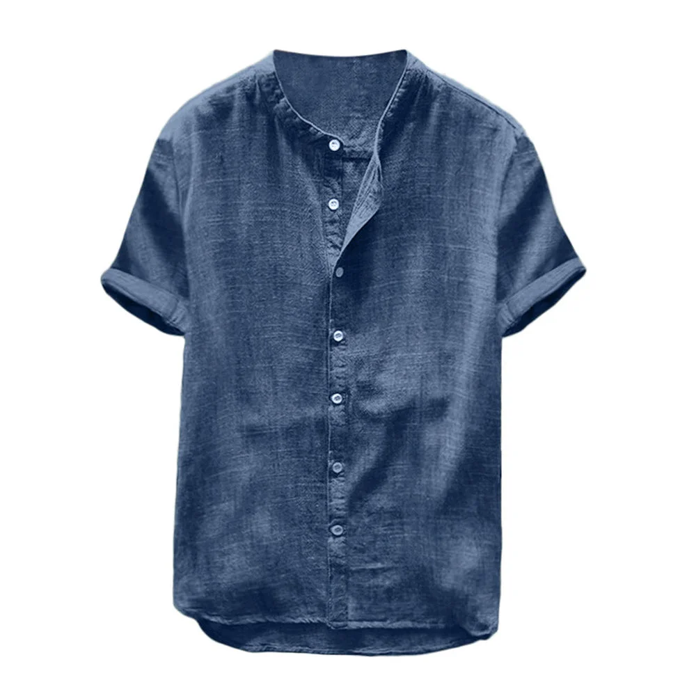 Smiledeer Men's stand collar short sleeve cotton linen shirt