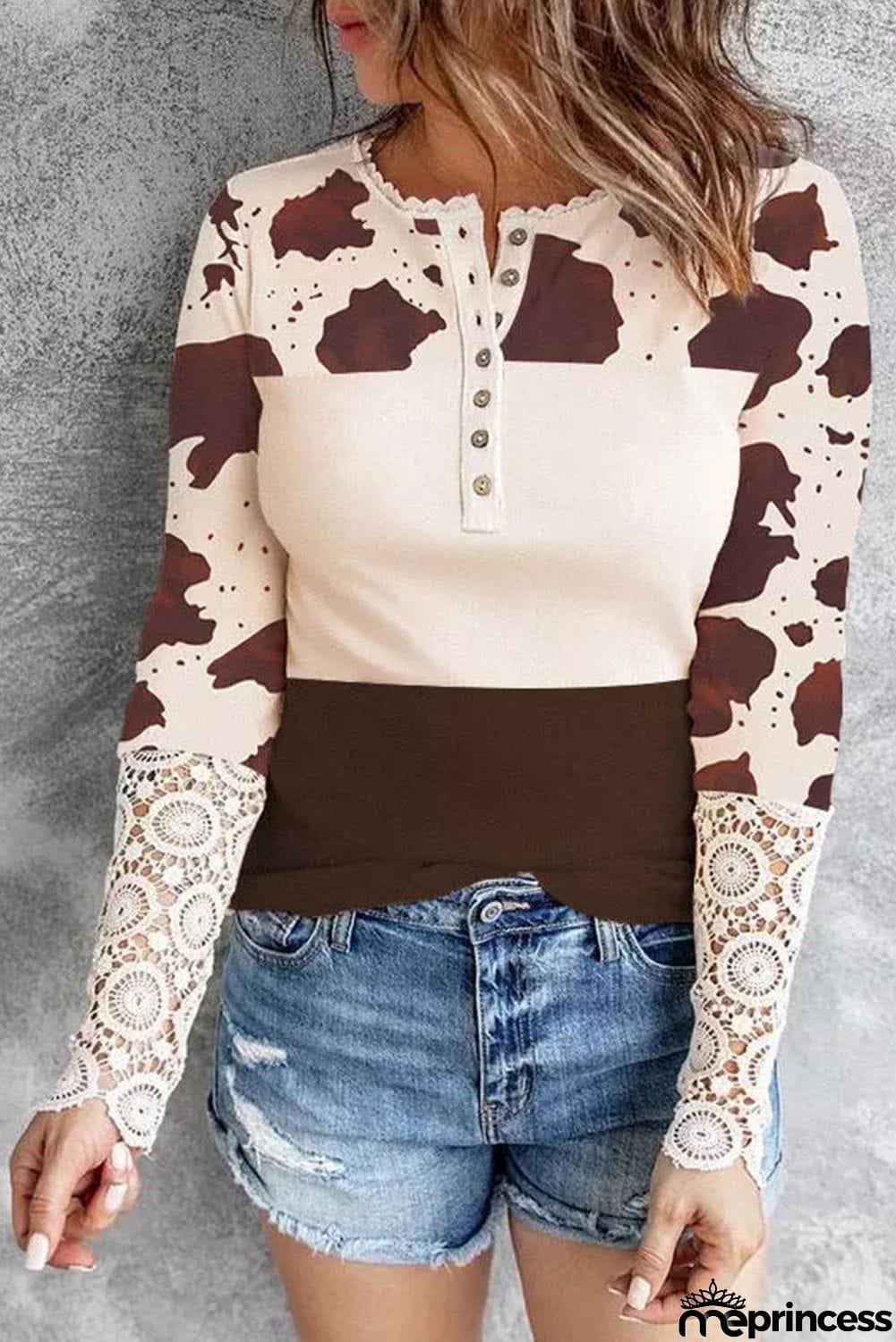 Cow Print Lace Cuff Long Sleeve Henley Top