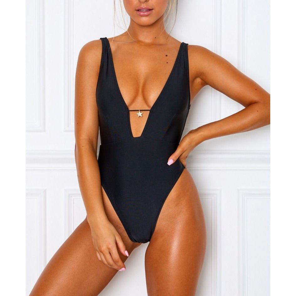 Sexy Deep V Solid Black Swimwear Women One Piece Swimsuit Female Beachwear Bather Swim Wear for Bathing Suit Women