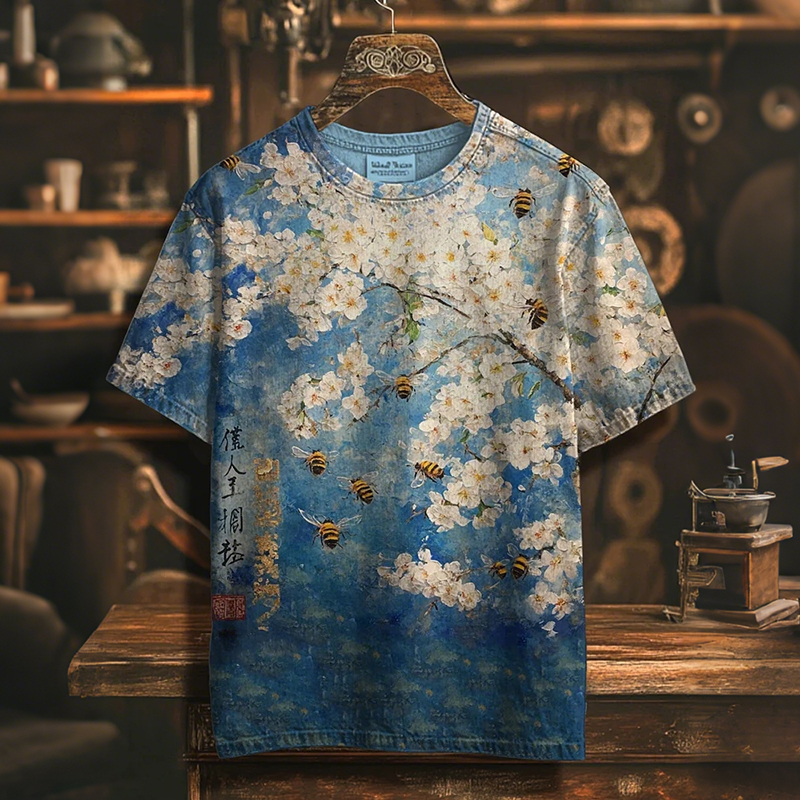 Men's Oil Painting Cherry Blossoms Bees Print Casual T-shirt  artssus