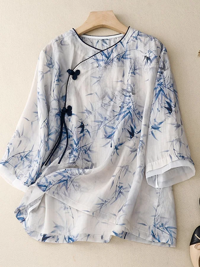 Vintage Chinoiserie Bamboo Leaf Printed Button 3/4 Sleeve Top