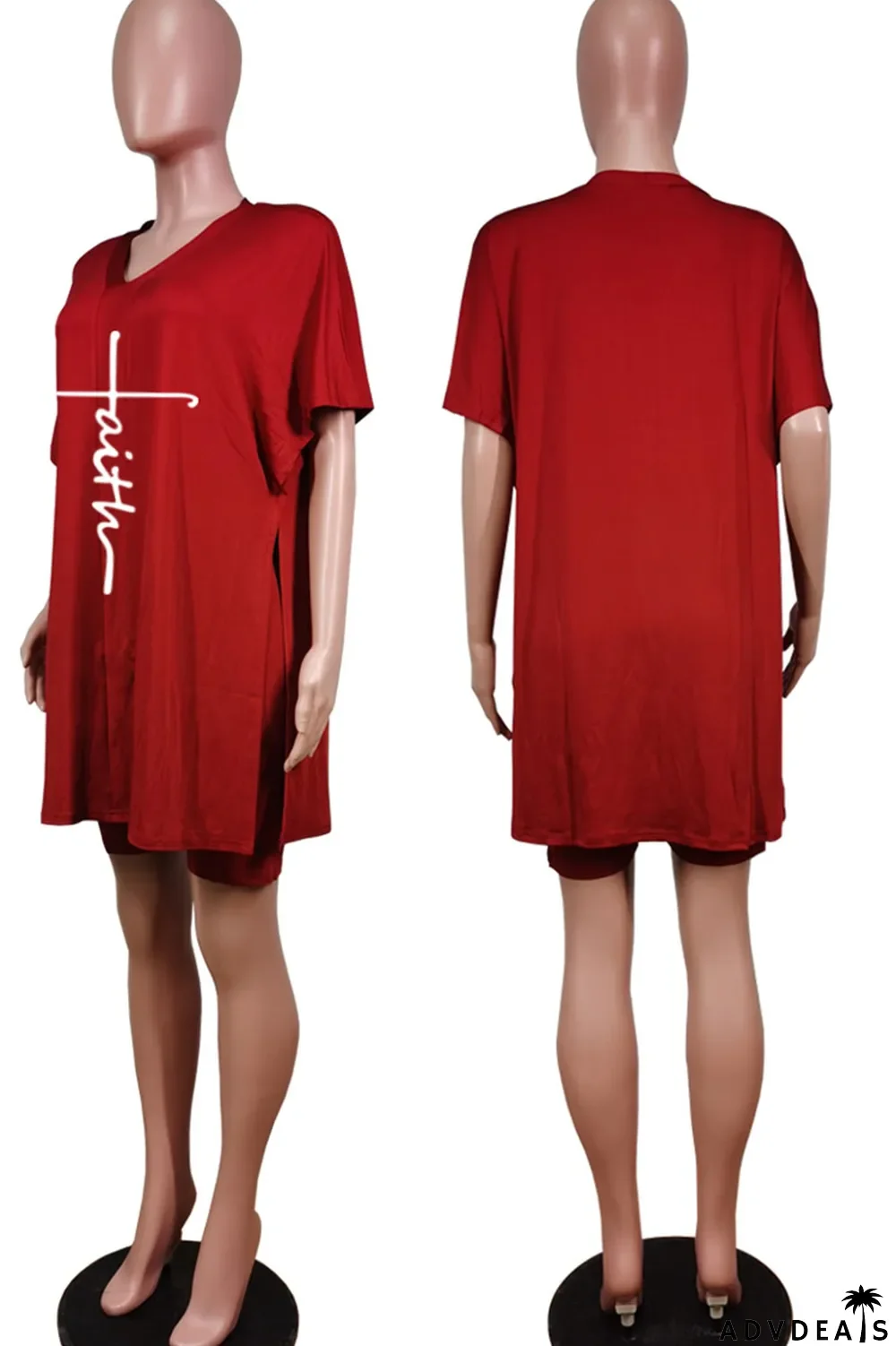 Tangerine Red Casual Print Split Joint V Neck Short Sleeve Two Pieces