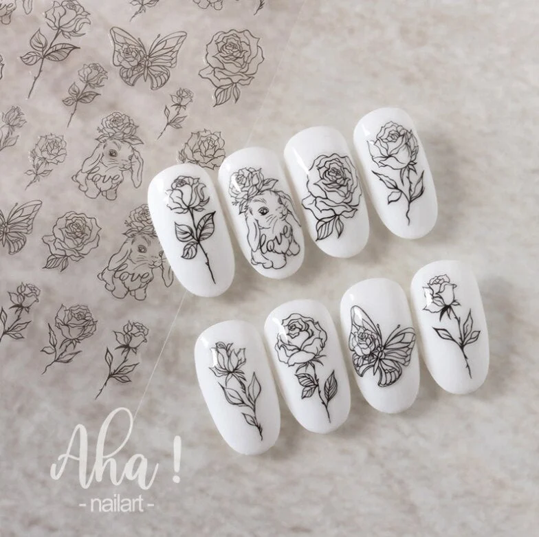 Nail Glue Stickers Ins Stars Moon Cartoon Rabbit Panda Flower Nail Decoration Decals Nail Sticker Animal Nail Art Decorations