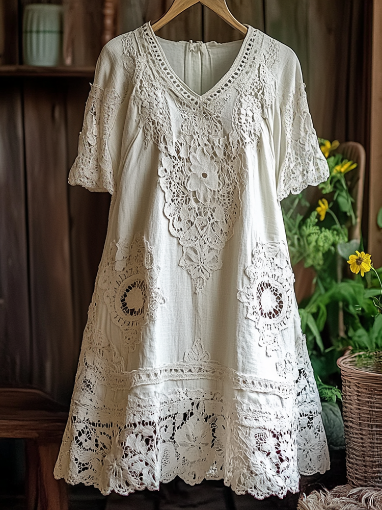 Women's Retro Lace Floral Art Print V-Neck Midi Dress