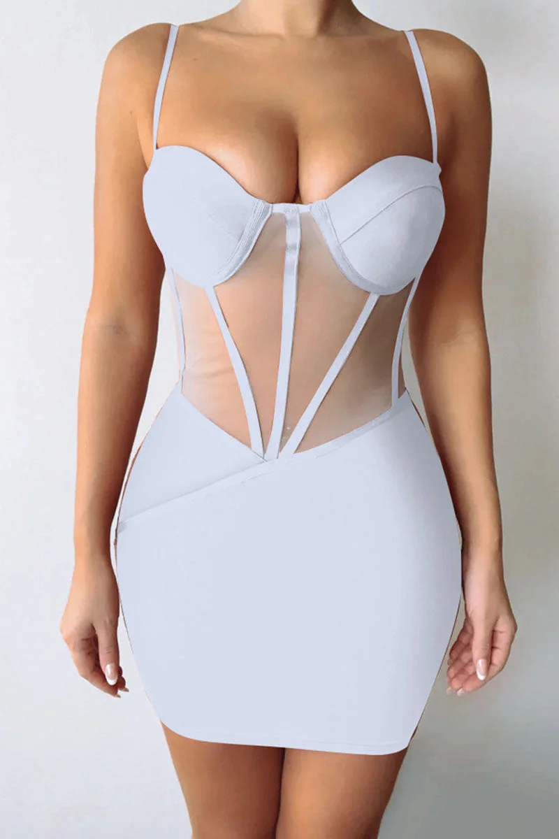 Sexy Solid Patchwork See-through Spaghetti Strap Pencil Skirt Dresses